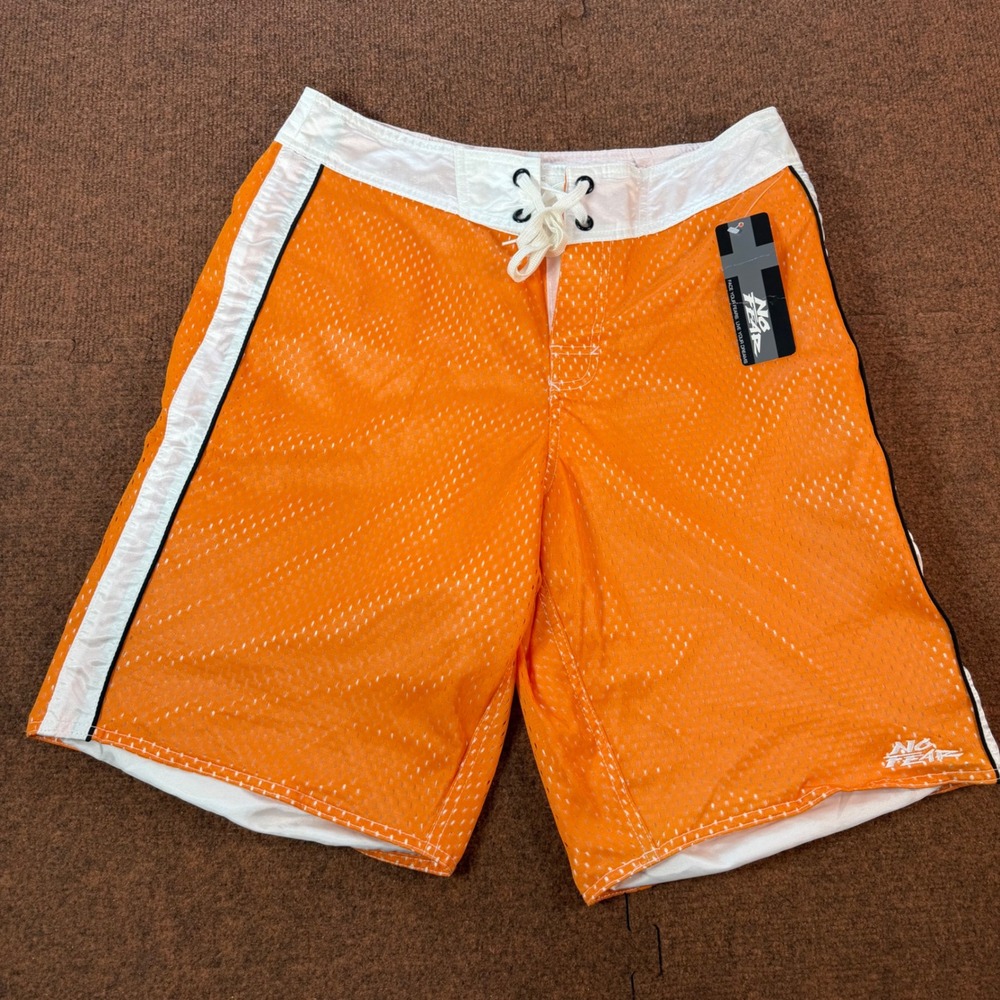 No Fear Mens Orange Mesh Board Shorts White Stripe Swim Trunks New NWT 33 Waist